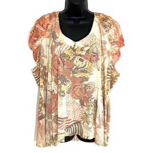 Lane Bryant Embellished Floral Patterned Short Sleeve Lace Top Peach Size 26/28W